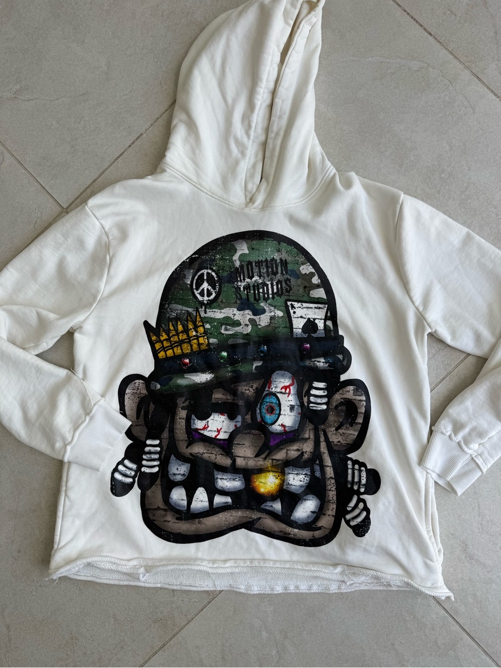 White Hoodie Art Print — Urban Character Graphic in Green, Black, Blue